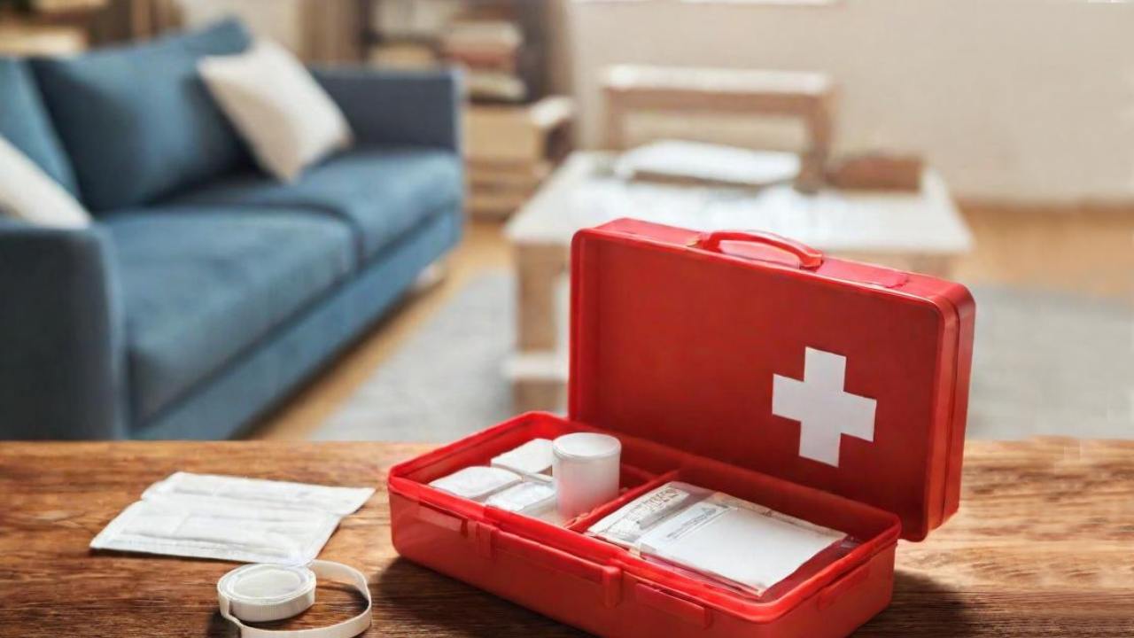 first aid kit on a table