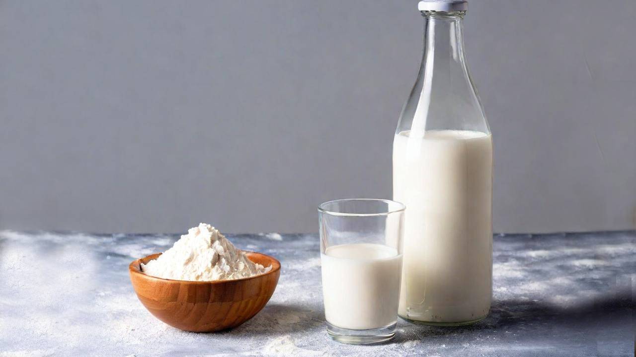 powdered milk in a bowl next to bottle of milk